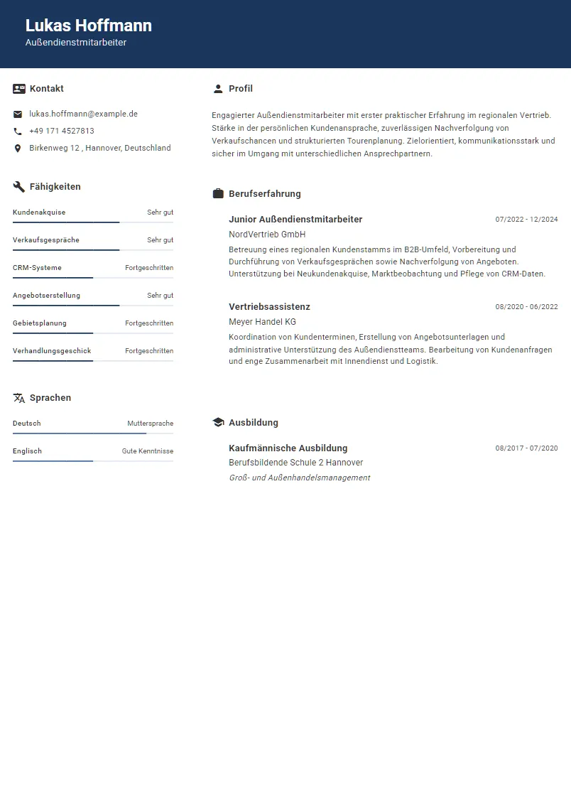 Lebenslauf Beispiel Außendienstmitarbeiter - Lukas Hoffmann