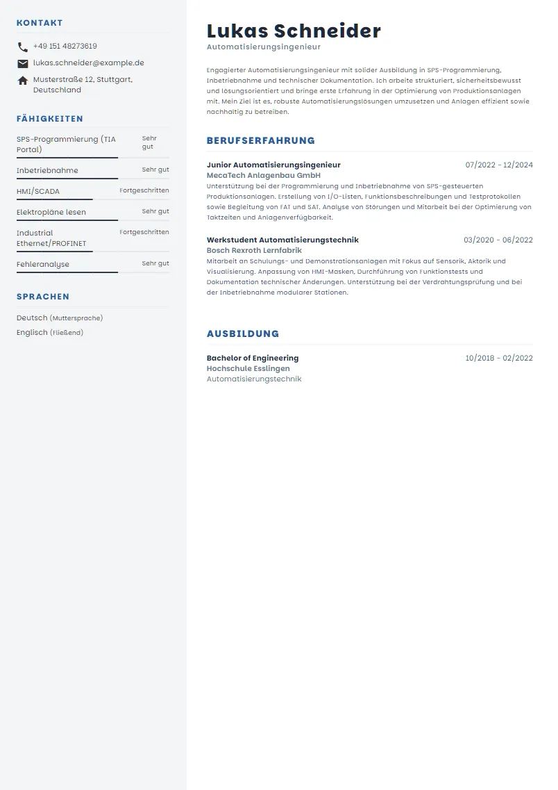 Lebenslauf Beispiel Automatisierungsingenieur - Lukas Schneider