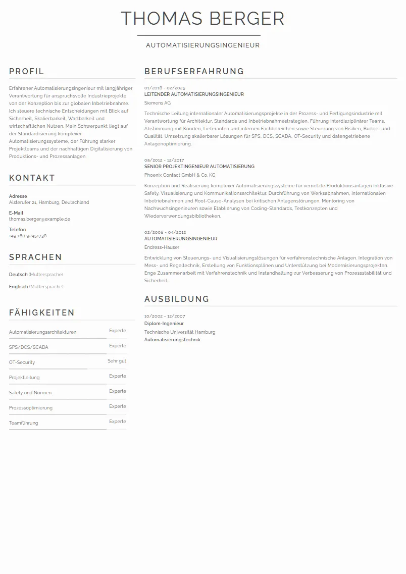 Lebenslauf Beispiel Automatisierungsingenieur - Thomas Berger