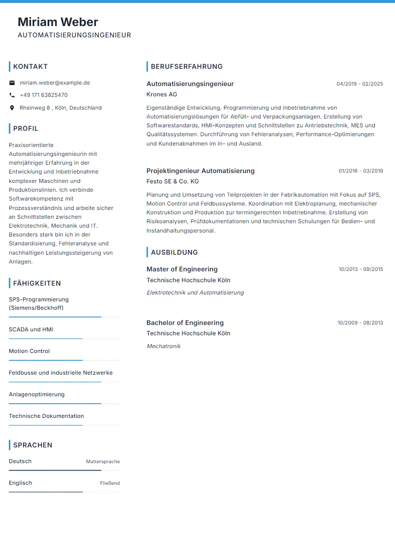 Lebenslauf Beispiel Automatisierungsingenieur - Miriam Weber