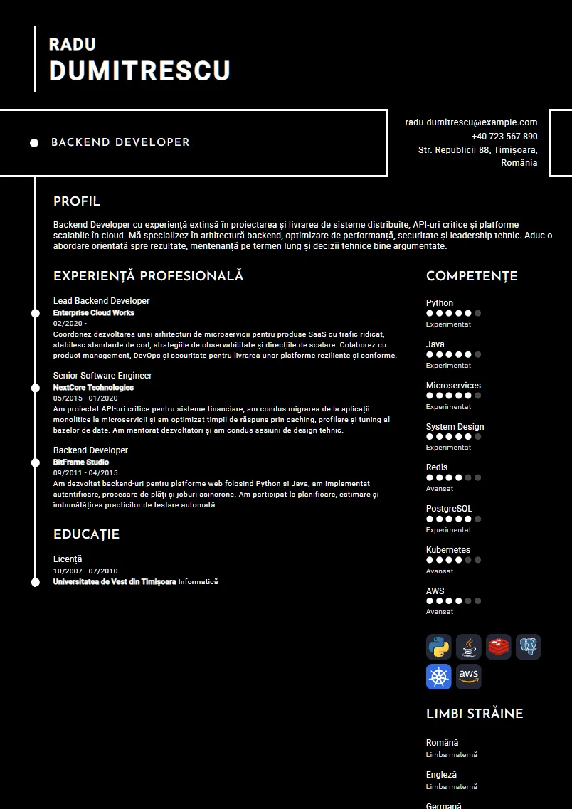 Exemplu CV Backend Developer - Radu Dumitrescu