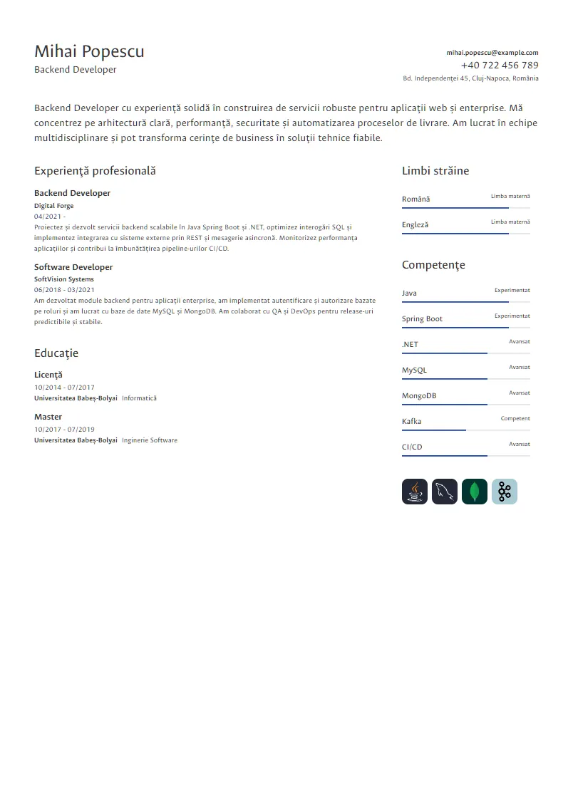 Exemplu CV Backend Developer - Mihai Popescu