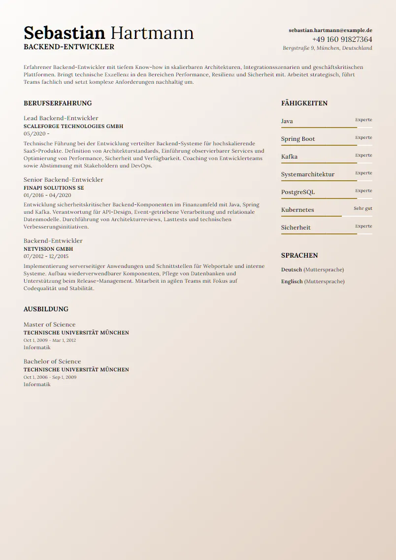 Lebenslauf Beispiel Backend-Entwickler - Sebastian Hartmann