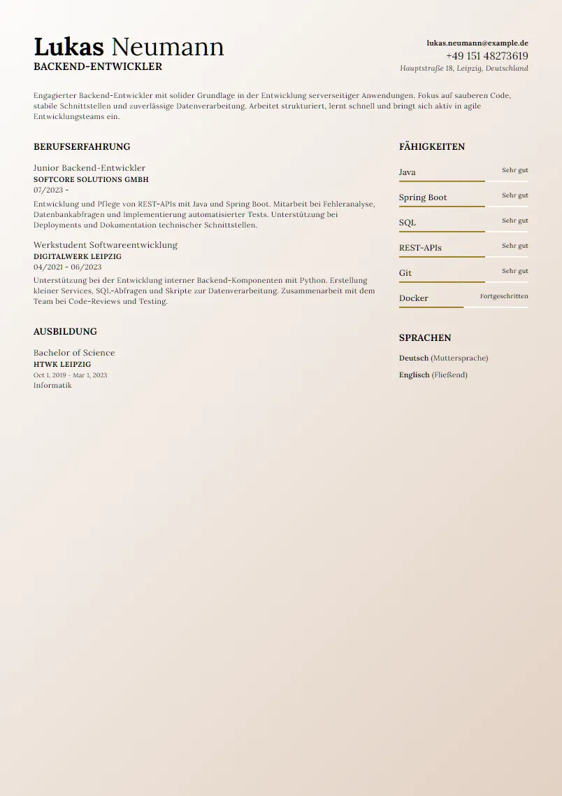 Lebenslauf Beispiel Backend-Entwickler - Lukas Neumann