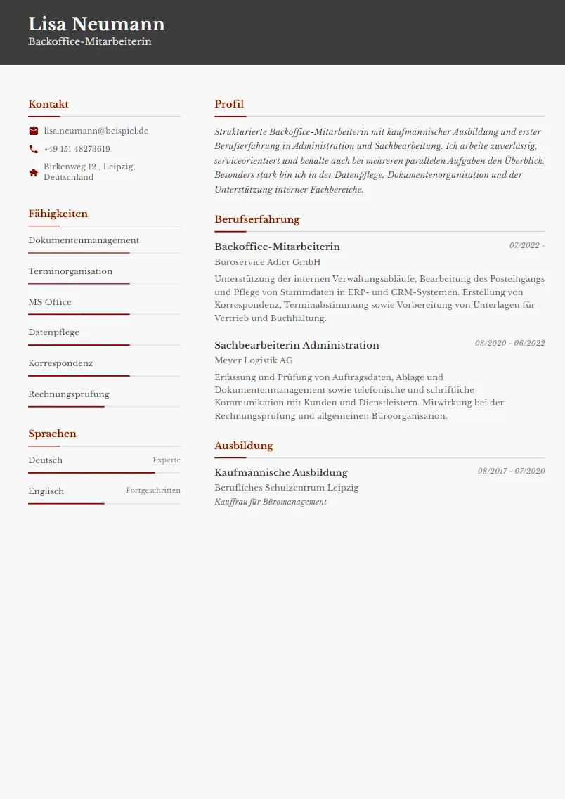 Lebenslauf Beispiel Backoffice-Mitarbeiterin - Lisa Neumann