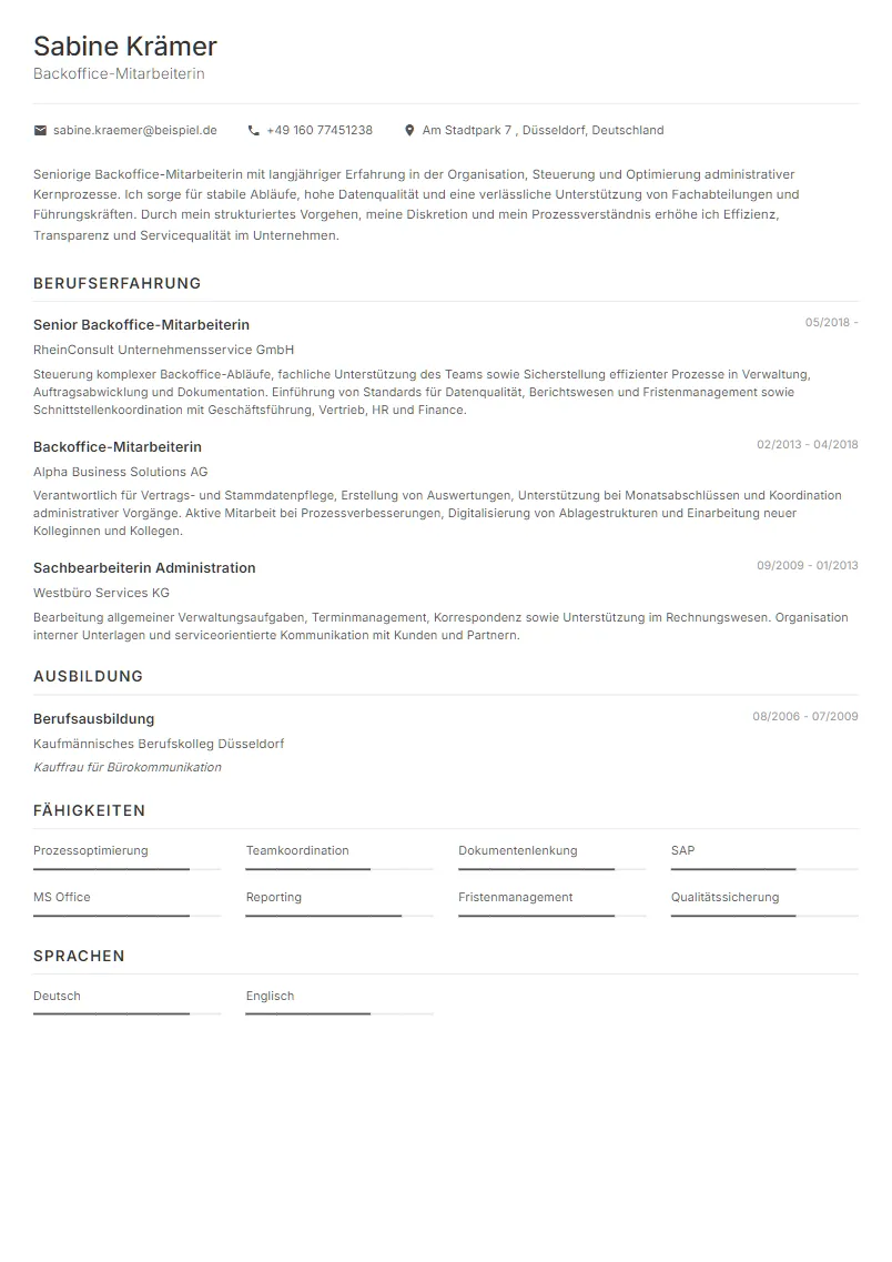 Lebenslauf Beispiel Backoffice-Mitarbeiterin - Sabine Krämer