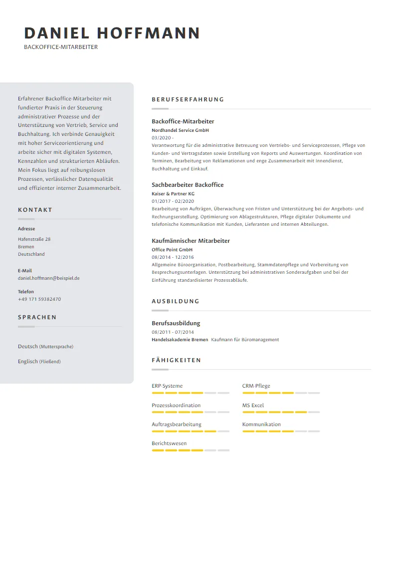 Lebenslauf Beispiel Backoffice-Mitarbeiter - Daniel Hoffmann