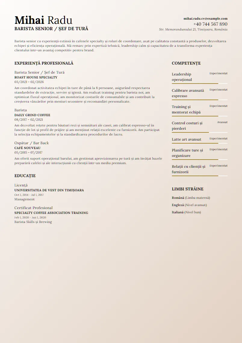 Exemplu CV Barista Senior / Șef de Tură - Mihai Radu