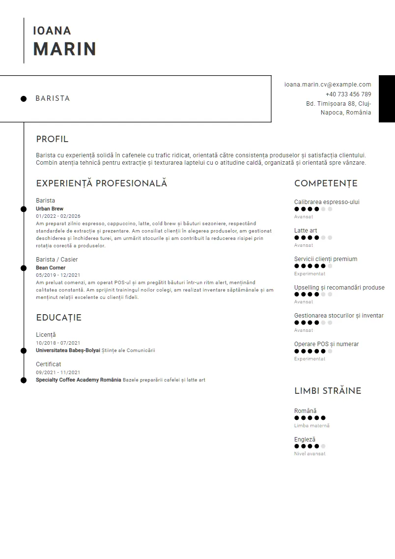 Exemplu CV Barista - Ioana Marin