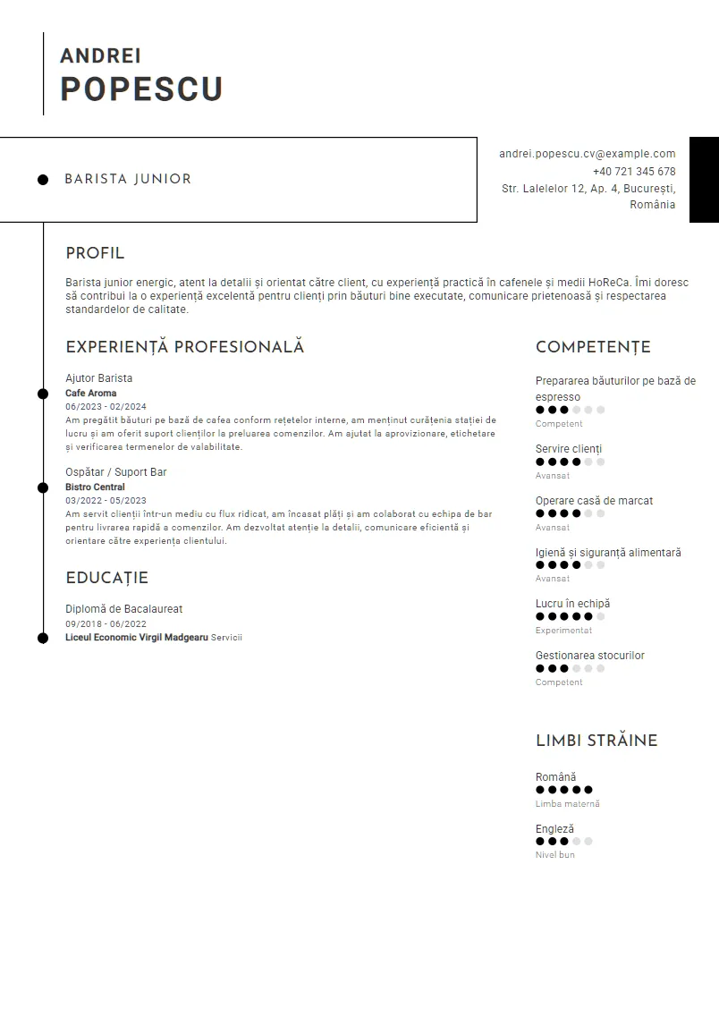 Exemplu CV Barista Junior - Andrei Popescu