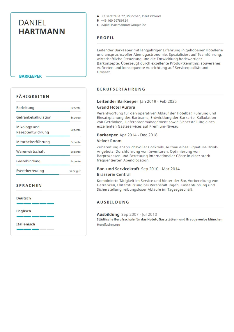 Lebenslauf Beispiel Barkeeper - Daniel Hartmann
