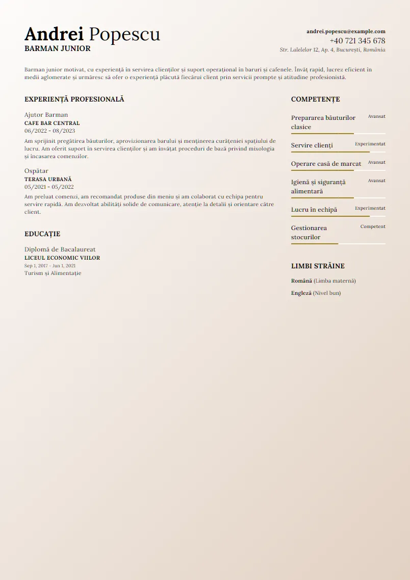 Exemplu CV Barman Junior - Andrei Popescu