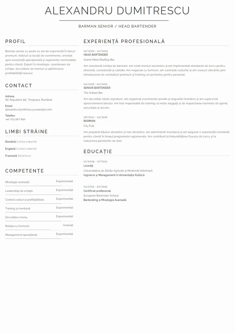 Exemplu CV Barman Senior / Head Bartender - Alexandru Dumitrescu
