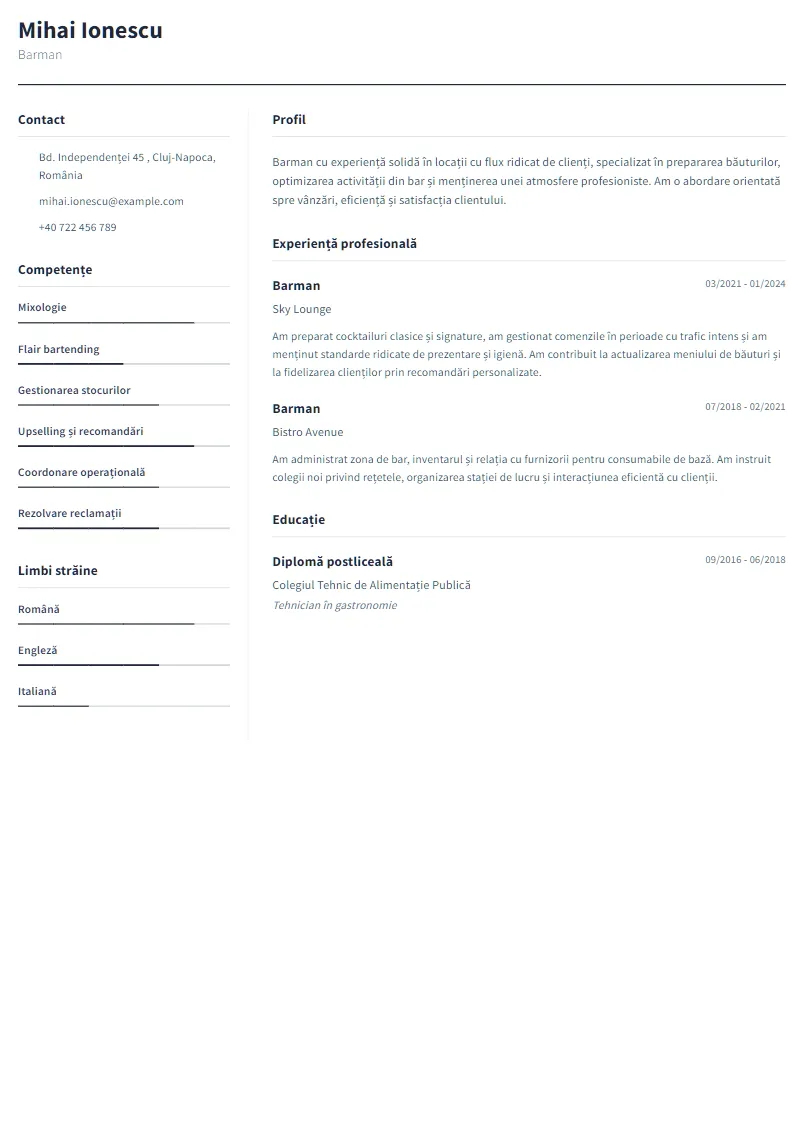 Exemplu CV Barman - Mihai Ionescu
