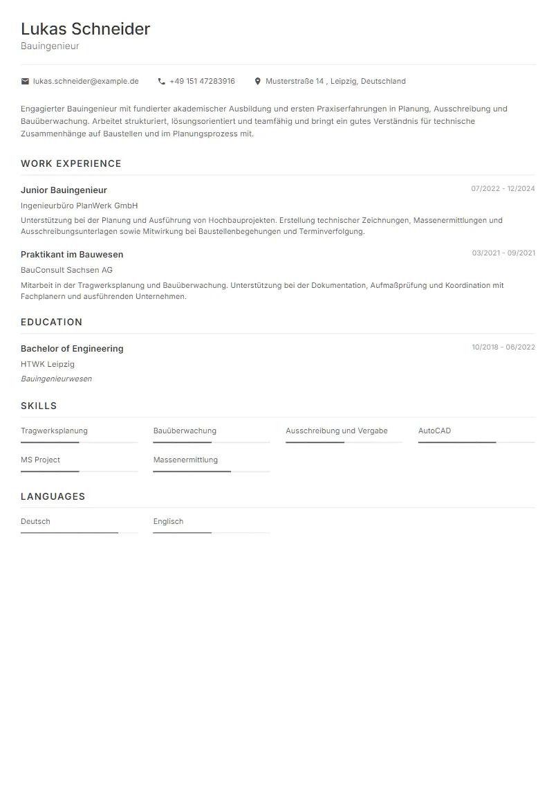 Lebenslauf Beispiel Bauingenieur - Lukas Schneider