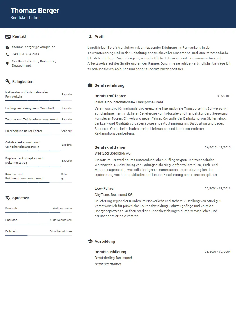 Lebenslauf Beispiel Berufskraftfahrer - Thomas Berger