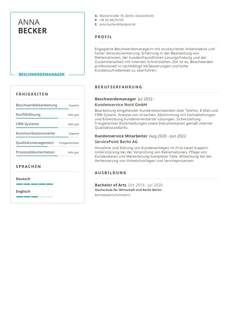 Lebenslauf Beispiel Beschwerdemanager - Anna Becker
