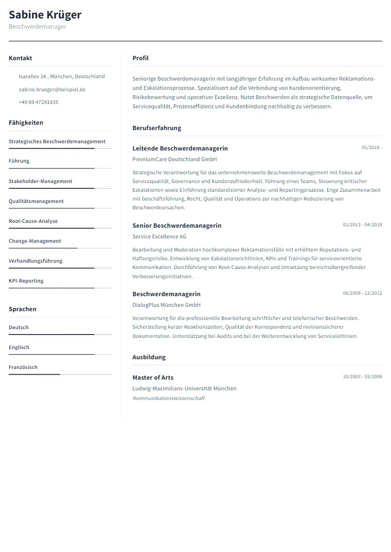Lebenslauf Beispiel Beschwerdemanager - Sabine Krüger