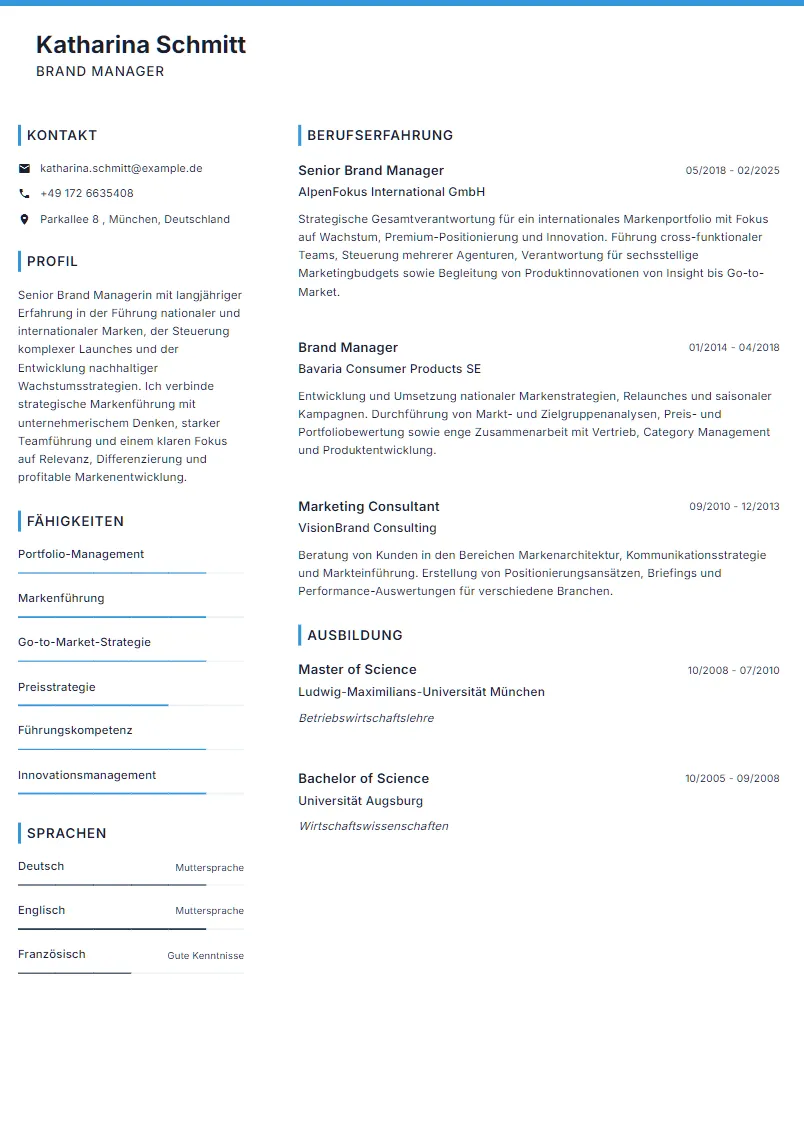 Lebenslauf Beispiel Brand Manager - Katharina Schmitt