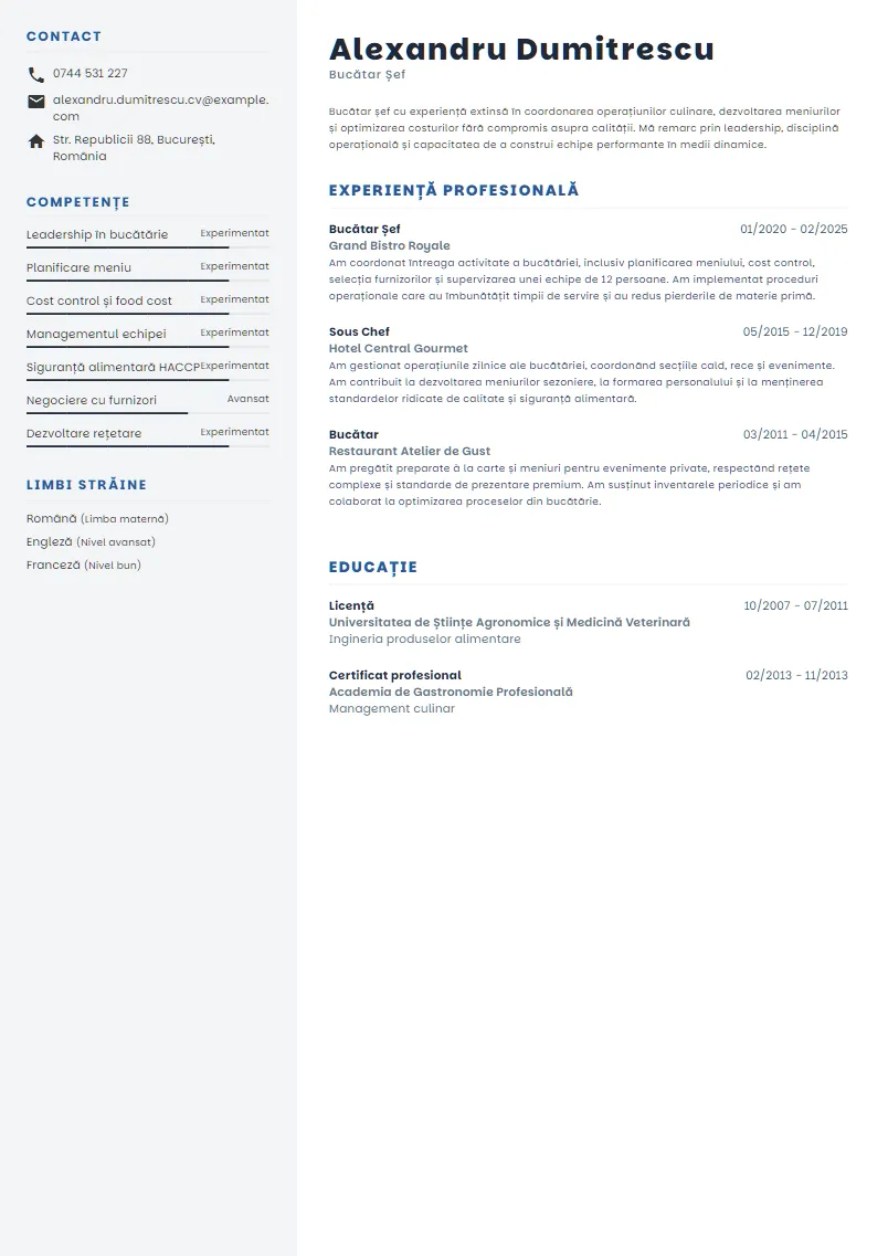 Exemplu CV Bucătar Șef - Alexandru Dumitrescu