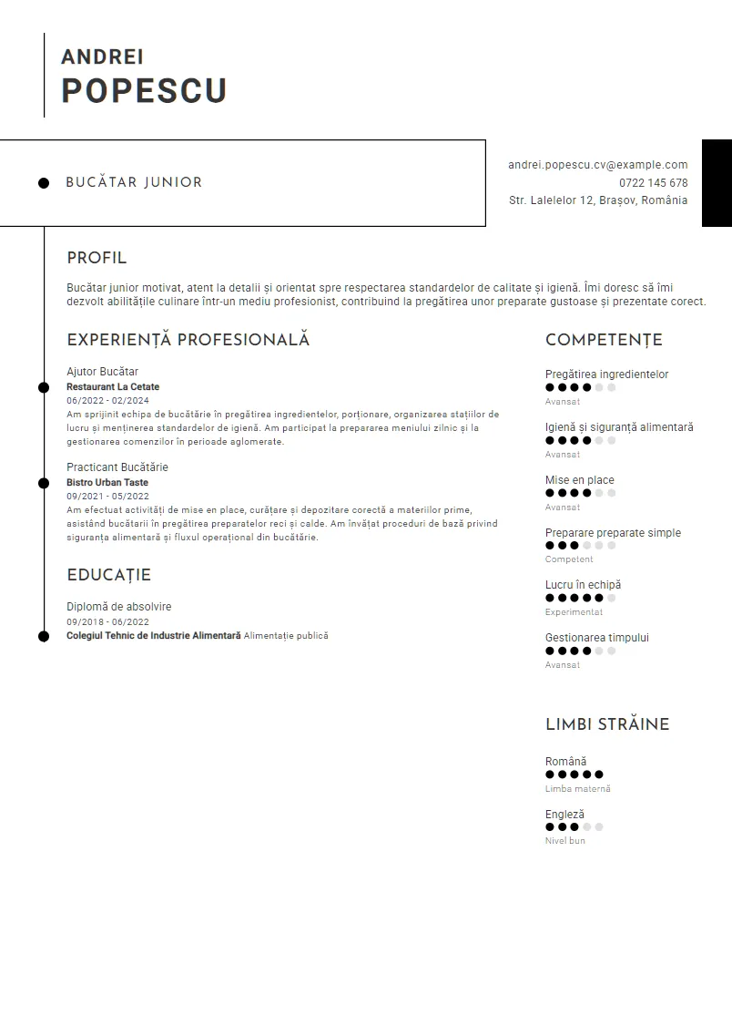 Exemplu CV Bucătar Junior - Andrei Popescu