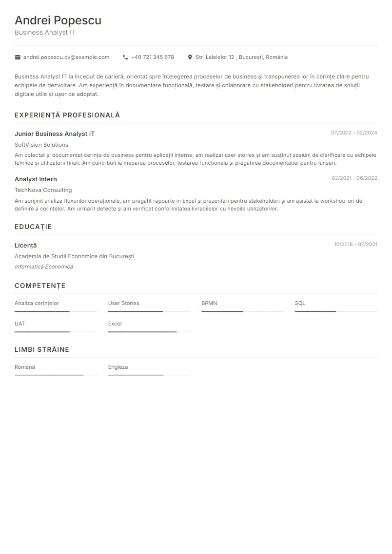 Exemplu CV Business Analyst IT - Andrei Popescu