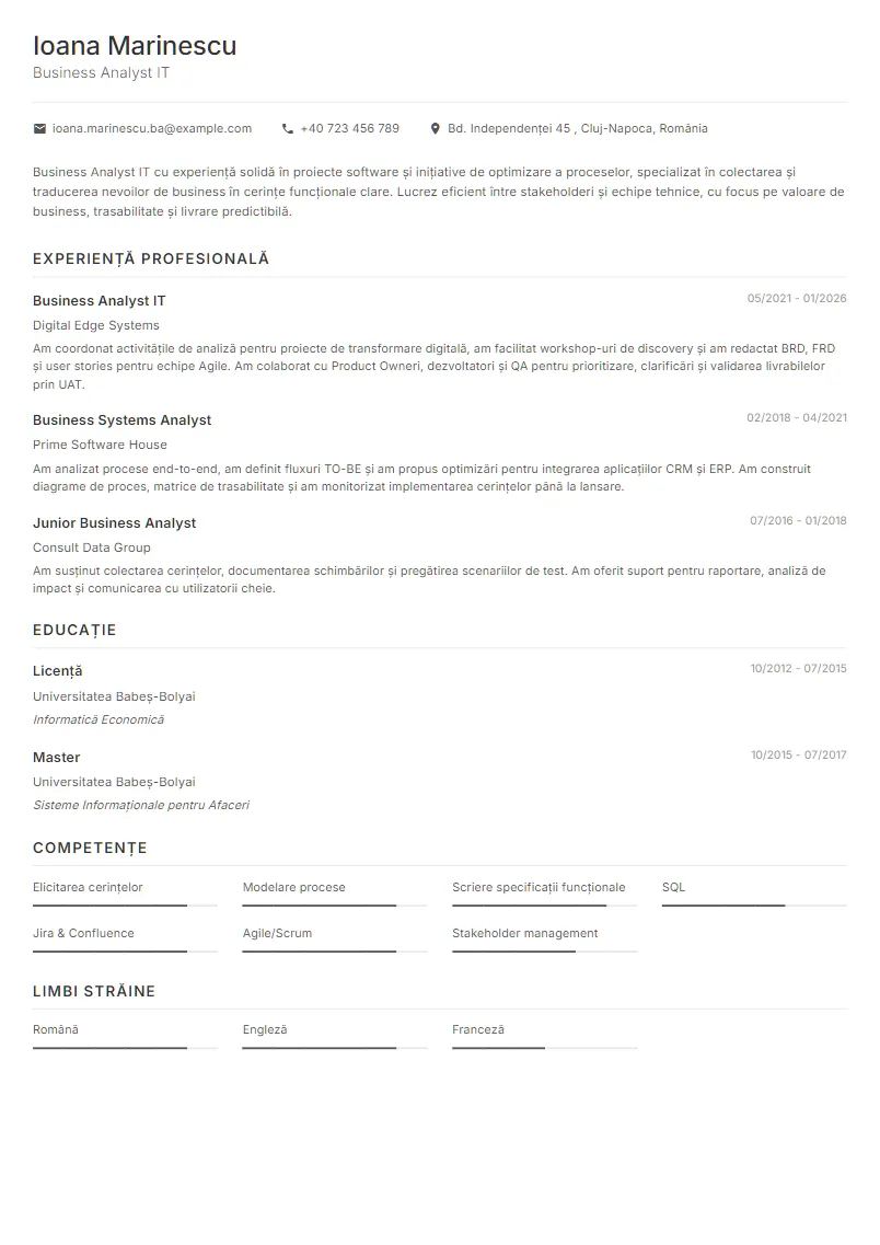 Exemplu CV Business Analyst IT - Ioana Marinescu