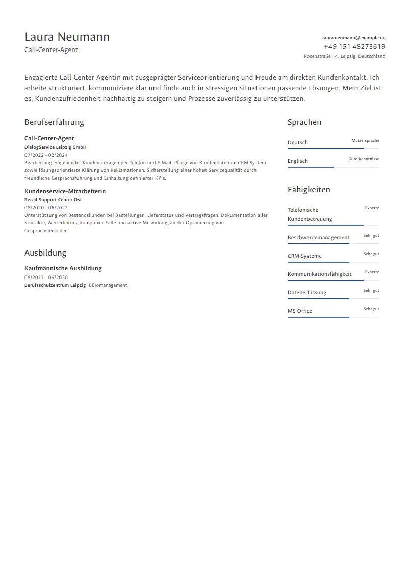 Lebenslauf Beispiel Call-Center-Agent - Laura Neumann