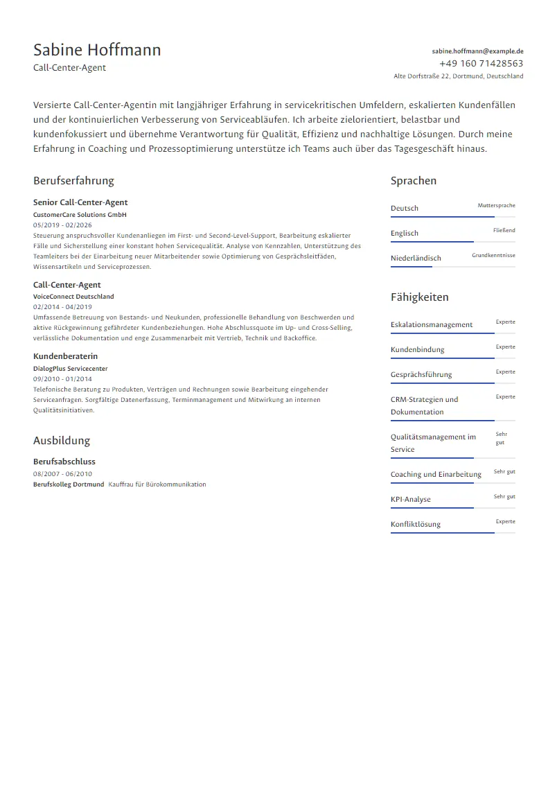 Lebenslauf Beispiel Call-Center-Agent - Sabine Hoffmann