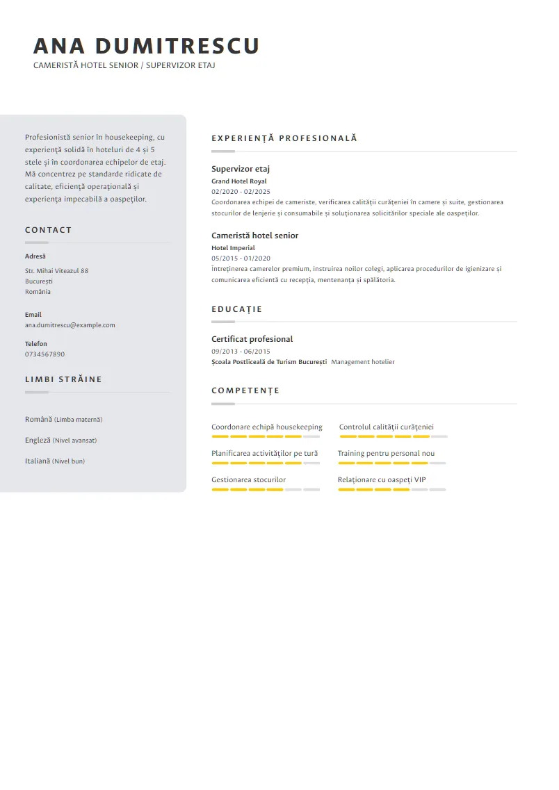Exemplu CV Cameristă hotel senior / Supervizor etaj - Ana Dumitrescu