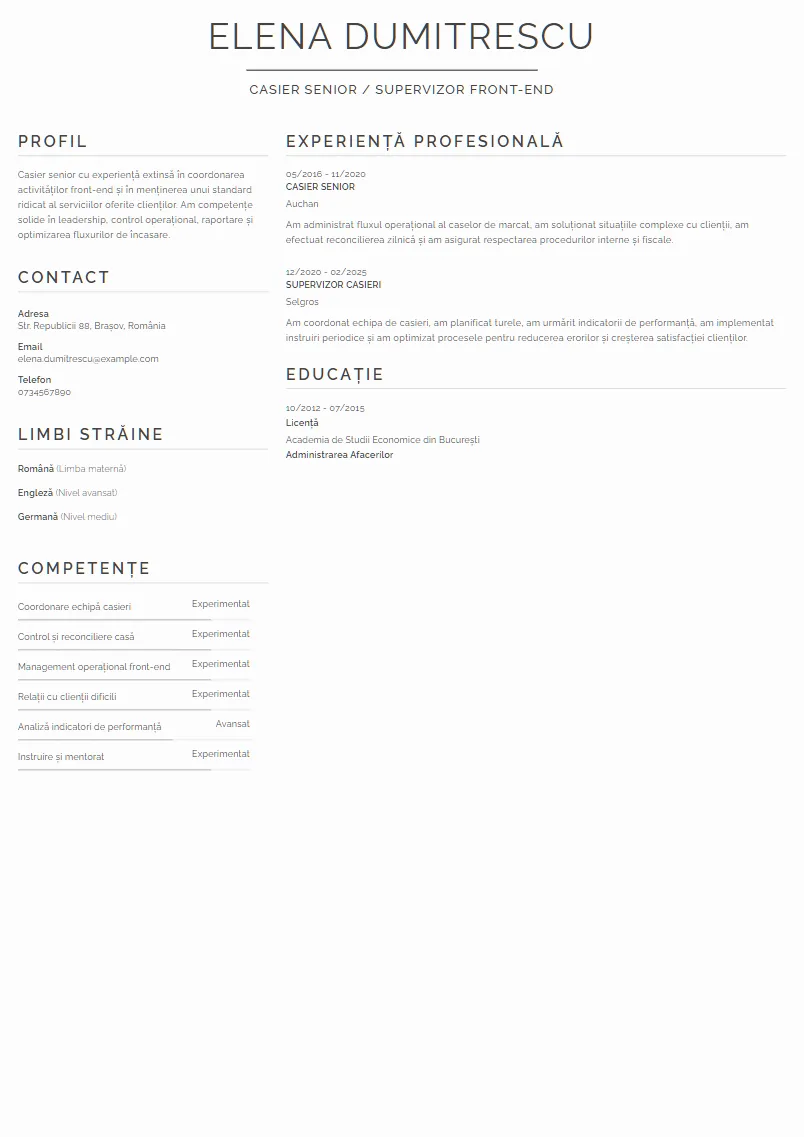 Exemplu CV Casier senior / Supervizor front-end - Elena Dumitrescu