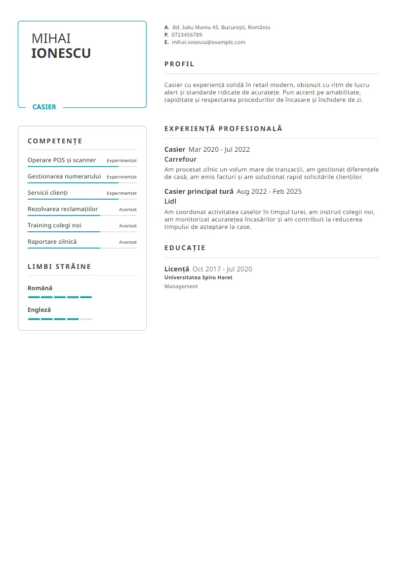 Exemplu CV Casier - Mihai Ionescu