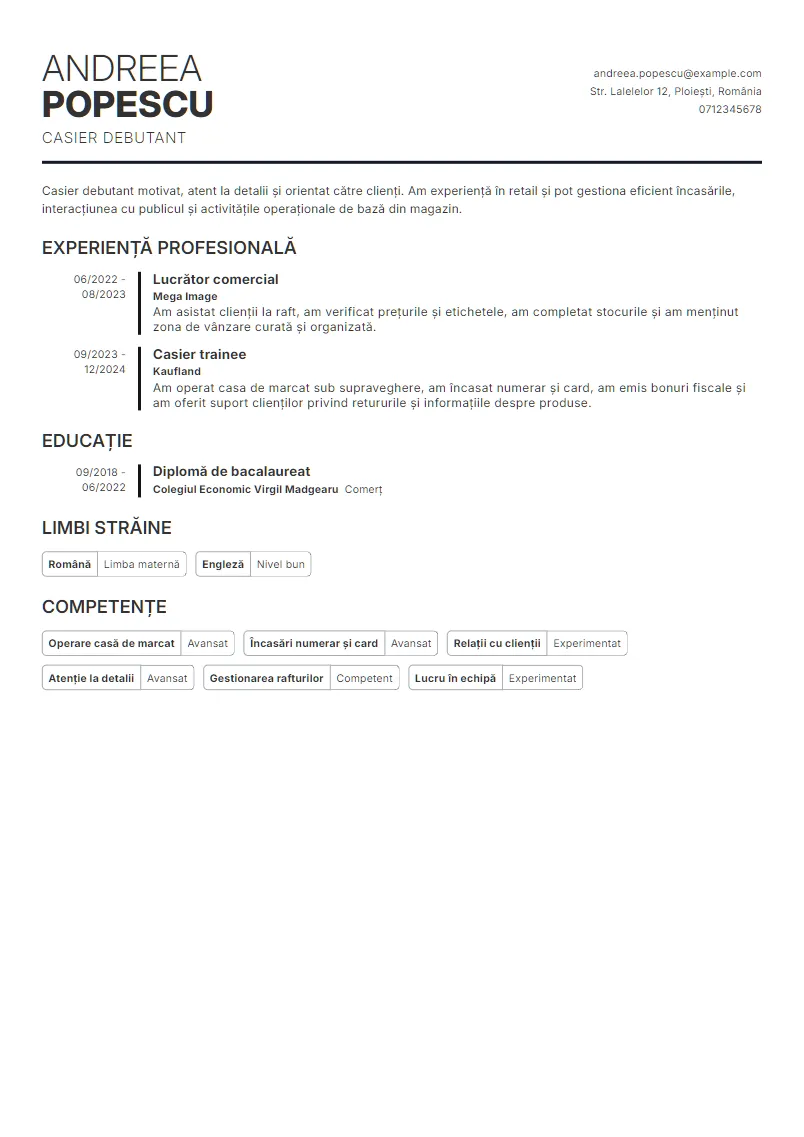 Exemplu CV Casier debutant - Andreea Popescu