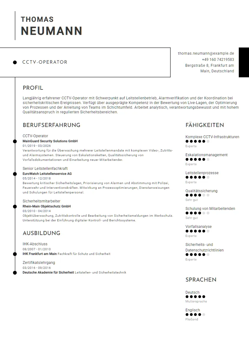 Lebenslauf Beispiel CCTV-Operator - Thomas Neumann
