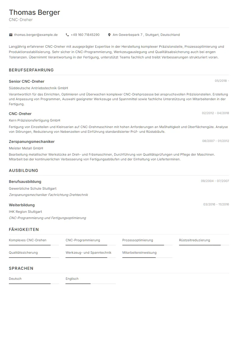 Lebenslauf Beispiel CNC-Dreher - Thomas Berger