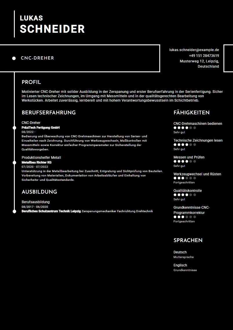 Lebenslauf Beispiel CNC-Dreher - Lukas Schneider