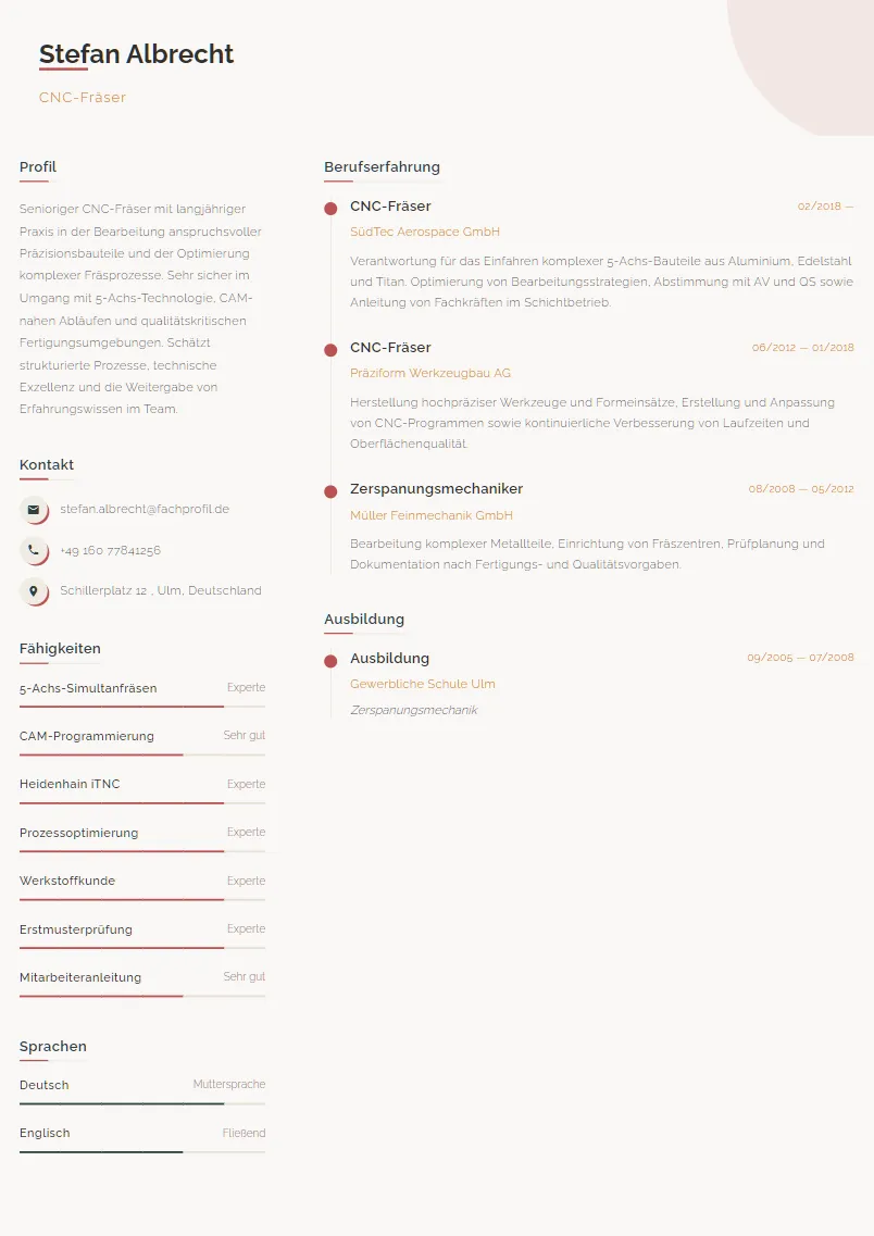 Lebenslauf Beispiel CNC-Fräser - Stefan Albrecht