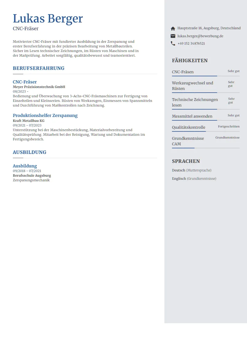 Lebenslauf Beispiel CNC-Fräser - Lukas Berger