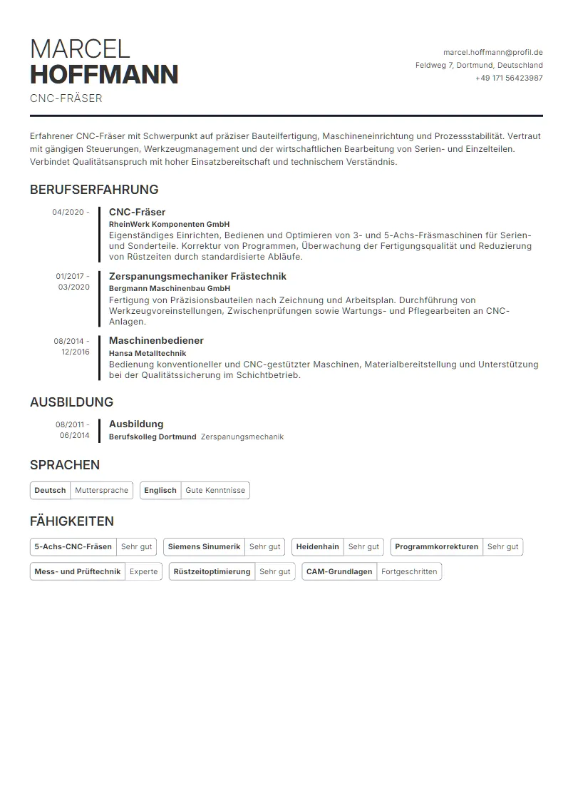 Lebenslauf Beispiel CNC-Fräser - Marcel Hoffmann