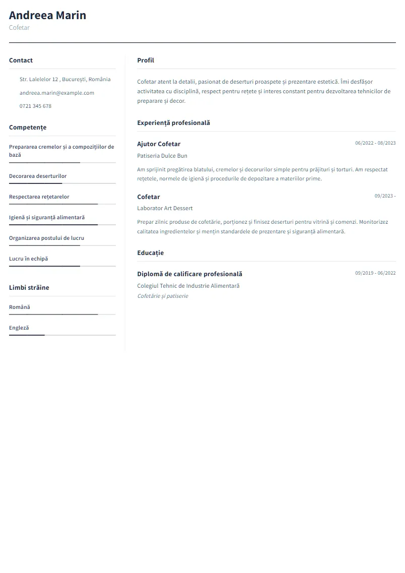 Exemplu CV Cofetar - Andreea Marin