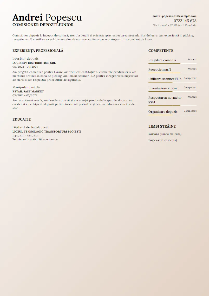 Exemplu CV Comisioner depozit junior - Andrei Popescu