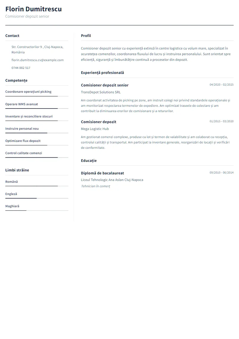Exemplu CV Comisioner depozit senior - Florin Dumitrescu