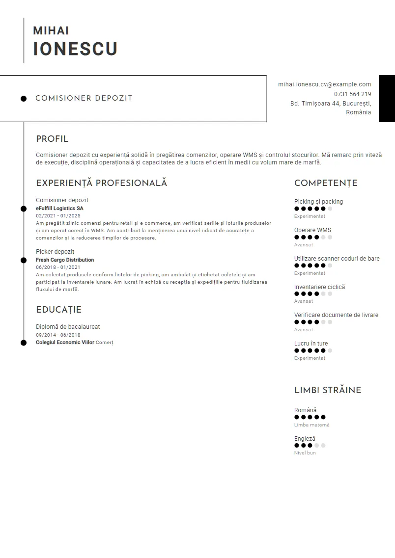Exemplu CV Comisioner depozit - Mihai Ionescu