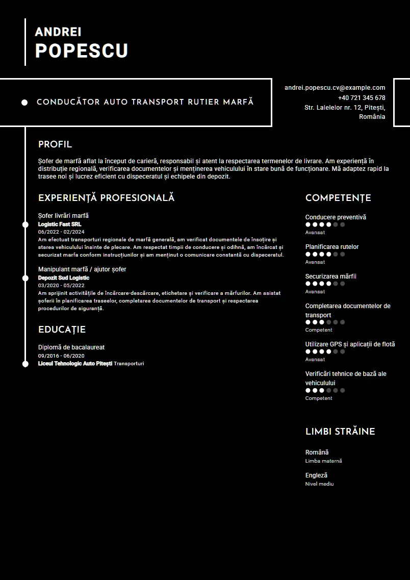 Exemplu CV Conducător auto transport rutier marfă - Andrei Popescu