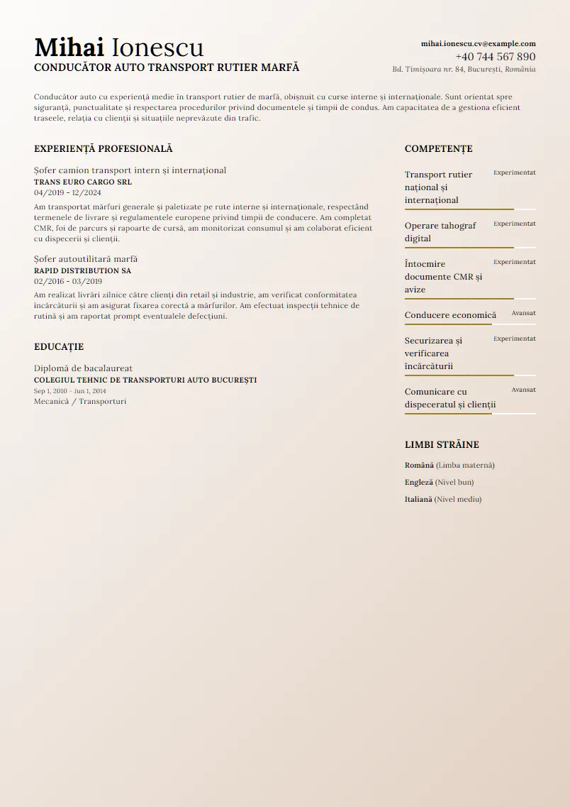 Exemplu CV Conducător auto transport rutier marfă - Mihai Ionescu