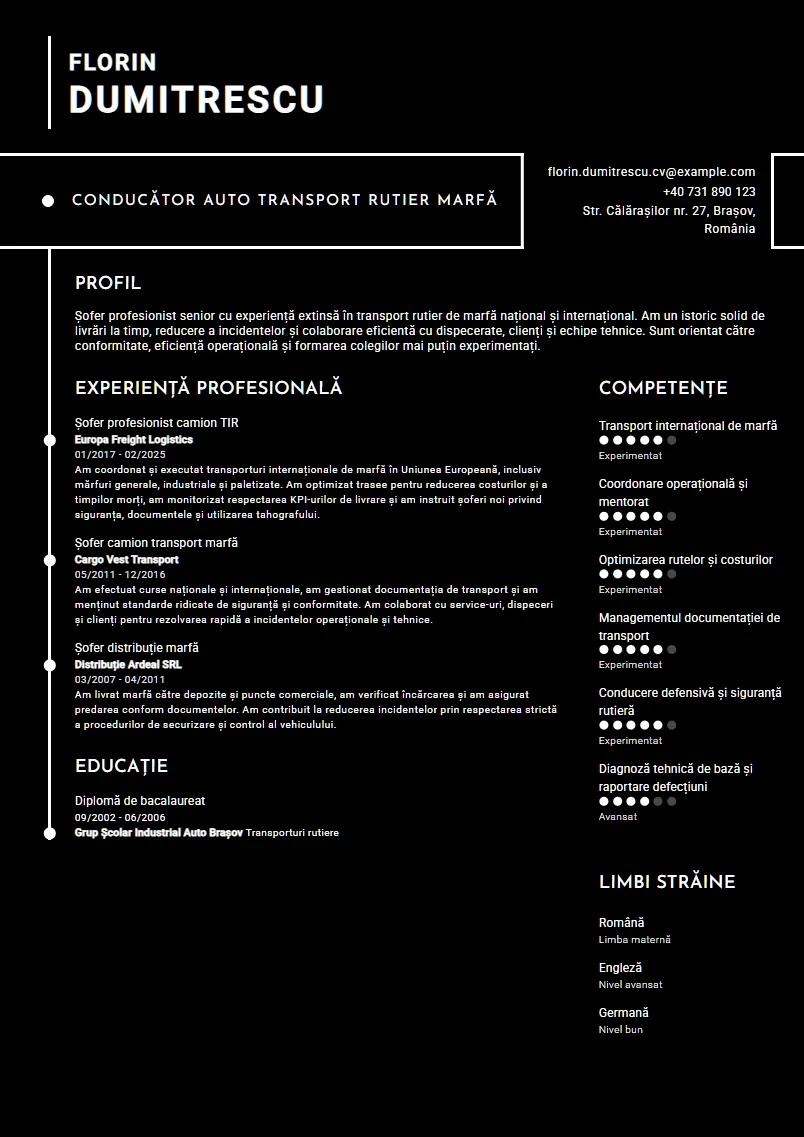 Exemplu CV Conducător auto transport rutier marfă - Florin Dumitrescu