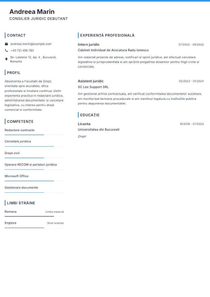 Exemplu CV Consilier juridic debutant - Andreea Marin