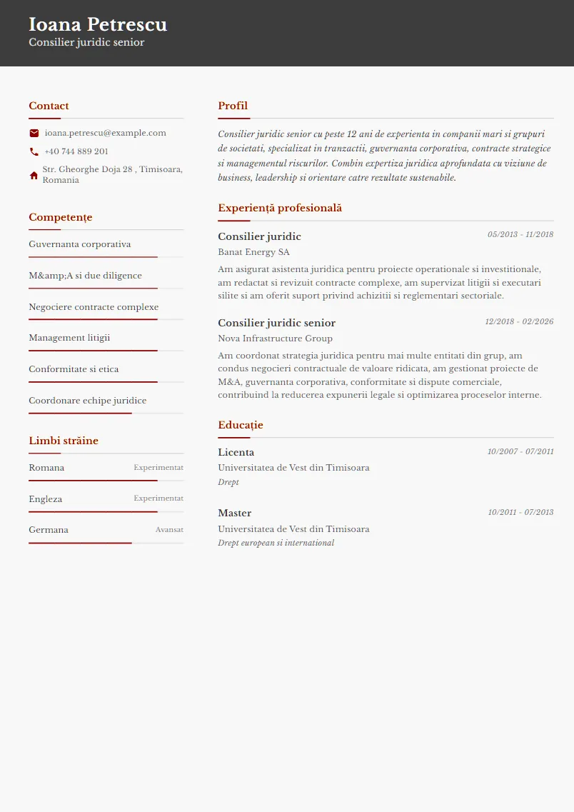 Exemplu CV Consilier juridic senior - Ioana Petrescu