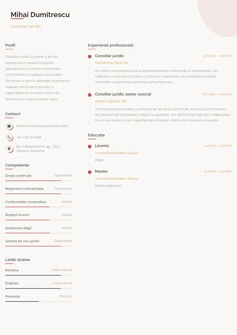 Exemplu CV Consilier juridic - Mihai Dumitrescu