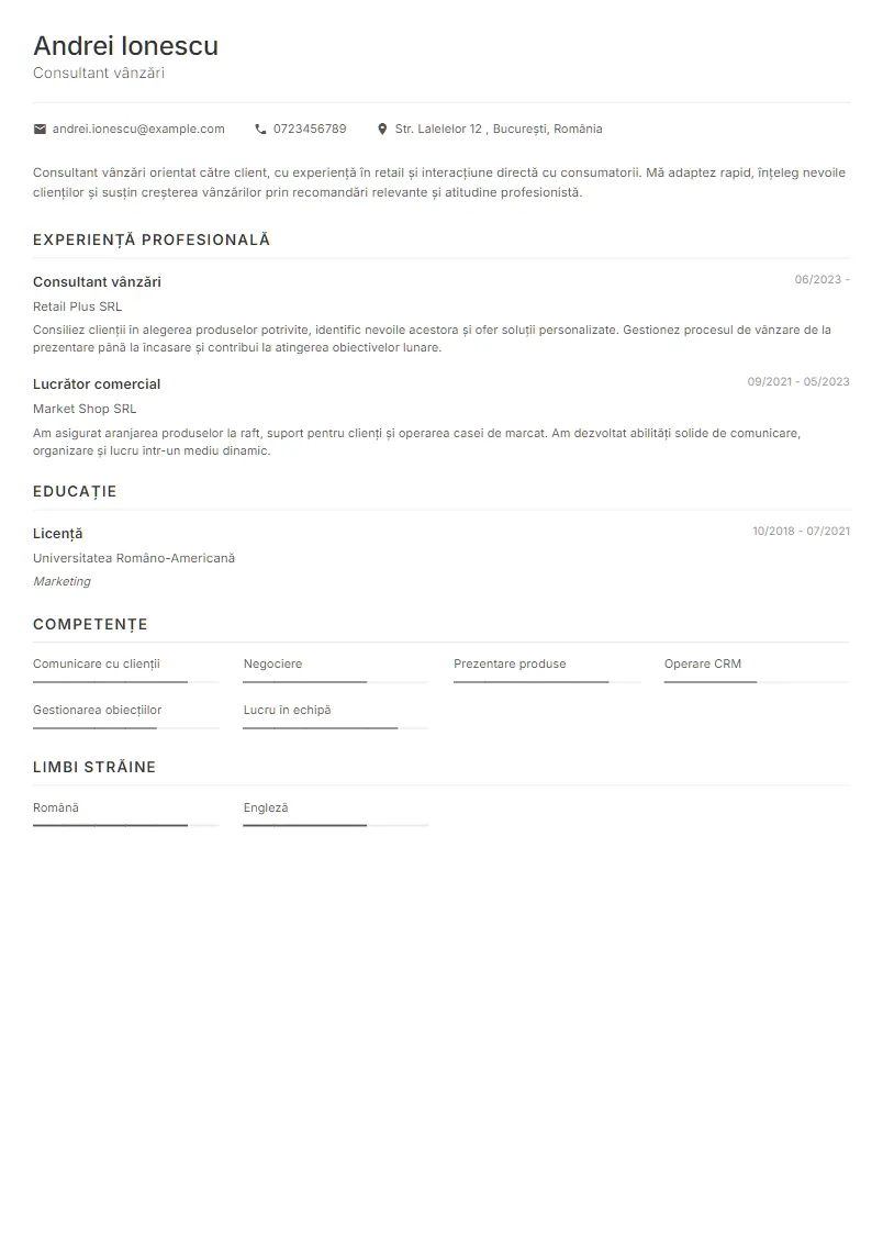 Exemplu CV Consultant vânzări - Andrei Ionescu